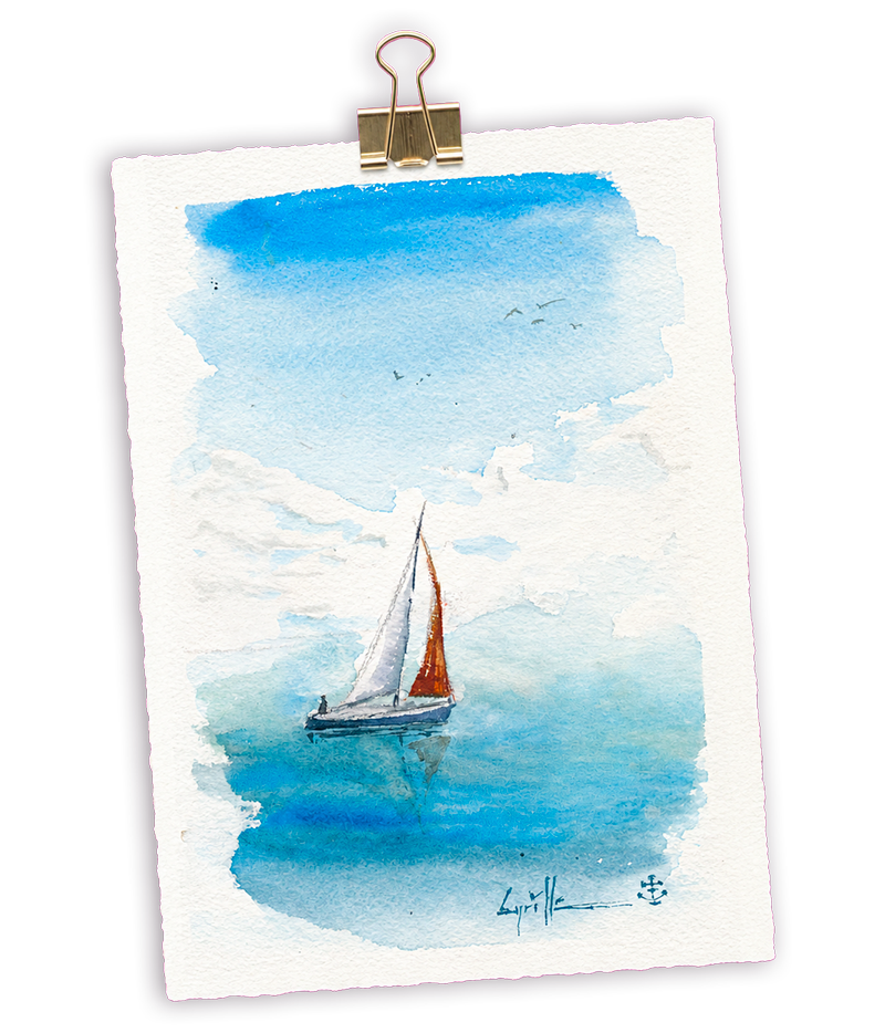 Aquarelle personnelle — voilier en mer, peinte par Cyrille